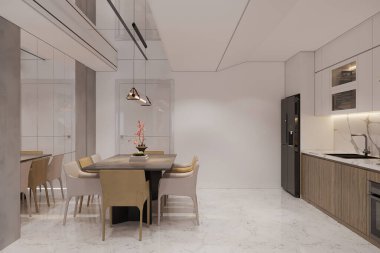 Mermer Döşemeli ve Çağdaş Işıklı Minimalist Modern Yemek Odası