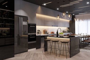 Ada ve Tasarımcı Işıklı Modern Lüks Mutfak