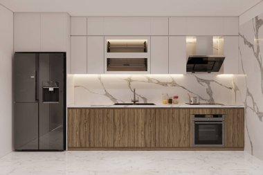 Mermer Aksanlı ve Parlak Aletli Modern Minimalist Mutfak