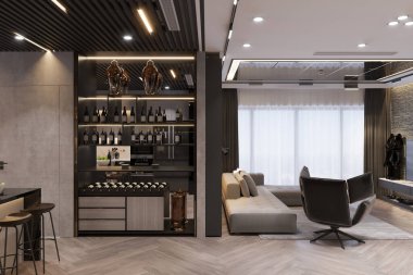 Şarap Bar ve Şık Koltuklu Modern Açık Konsept Oturma Odası