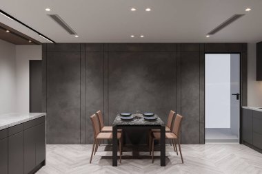 Minimalist Siyah Masa ve Deri Sandalyeli Çağdaş Yemek Alanı