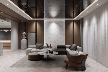 Mermer Aksan Duvarı ve Çağdaş Dekorasyonlu Lüks Modern Oturma Odası