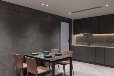 Karanlık Duvarları ve Çağdaş Mutfağı olan Minimalist Modern Yemek Alanı