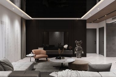 Heykel ve Tarafsız Tonlu Minimalist Modern Oturma Odası