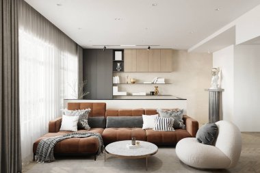 Dünya Tonu Kanepesi ve Heykel Dekoru ile Modern Konforlu Oturma Odası