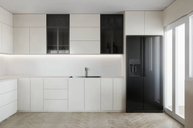 Parlak Siyah Aletler ve Beyaz Dolaplı Modern Minimalist Mutfak