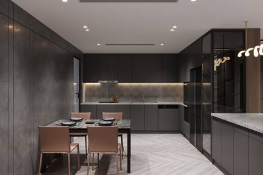 Siyah Dolaplı Modern Minimalist Mutfak ve Granit Yemek Masası