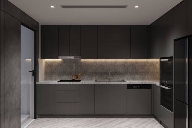 Siyah Dolapları ve Mermer Tezgahı olan Modern Minimalist Mutfak