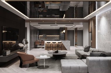 Mermer ve Granit Aksanlı Modern Açık Konsept Oturma Odası ve Mutfak İçi