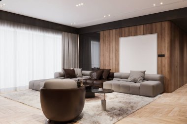 Yumuşak Bölüm Kanepesi ve Ahşap Aksan Duvarı olan Çağdaş Oturma Odası