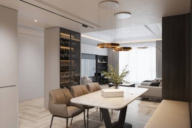 Mermer Masa, Modern Işıklandırma ve Dahili Şarap Dolabıyla Zarif Yemek Alanı