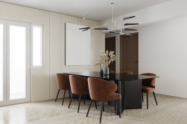 Modern Siyah Masalı ve Zarif Kahverengi Sandalyeli Minimalist Yemek Odası