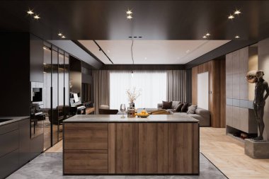 Modern Dekor ve Heykel Sanatıyla Lüks Açık Mutfak ve Oturma Odası