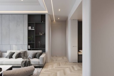 İnşa Edilmiş ve Tarafsız Tonları olan Minimalist Oturma Odası