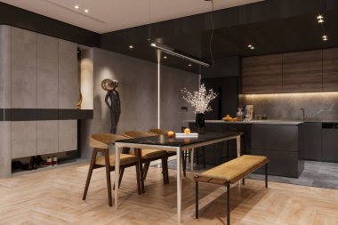 Sanatsal Heykeli, Ahşap Mobilyası ve Şık Mutfağı olan Modern Yemek Alanı