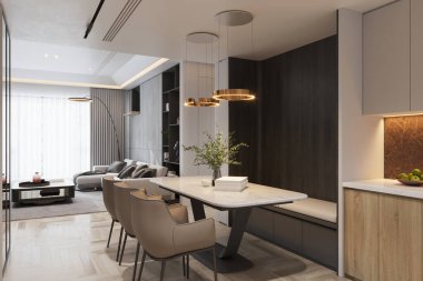 Mermer Masalı Modern Yemek Alanı, Şık Işıklandırma ve Açık Planlı Oturma Odası