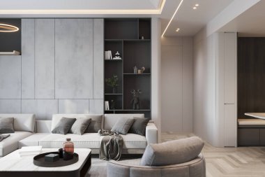 Modern Oturma Odası 'nda raflar, Minimalist Kanepe ve Çağdaş Dekor
