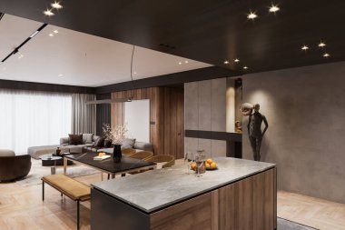 Modern Açık Konsept Mutfak ve Oturma Odası Sanatsal Heykel ve Parlak Tasarım