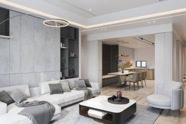 Modern Dekor ve Lüks Mobilyalı Açık Konsept Oturma Odası ve Mutfak