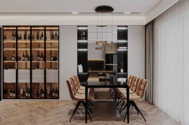 Şarap Sergisi ve Çağdaş Işıklı Zarif Modern Yemek Odası