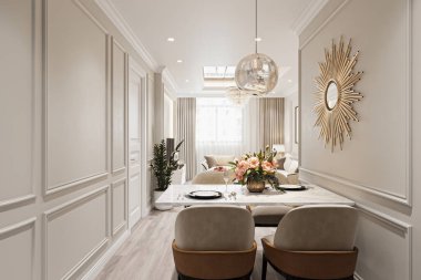 Zarif Modern Yemek Odası Çiçek süslemesi ve Günışığı Aynası