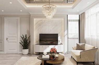 Mobilya ve Mermer Aksanlı Zarif Modern Oturma Odası