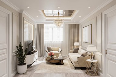 Tarafsız Bej Tonlarda Modern Koltuğu ve Avizesi olan Lüks Oturma Odası