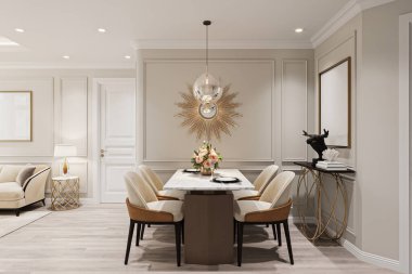 Mermer Masalı ve Altın Aksanlı Lüks Modern Yemek Odası