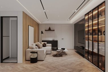 Minimalist Tasarım ve Zarif Şarap Vitrinli Modern Oturma Odası