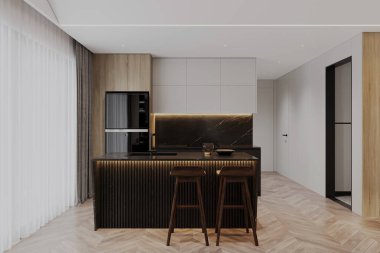 Modern Lüks Mutfak İçi Kara Mermer Tezgahlı ve Ada Işıklı