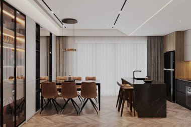 Modern Lüks Açık Planlı Yemek ve Mutfak Bölgesi Şık Işıklandırma ve Zarif İç Tasarım