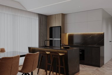 Bar Taburesi ve Yemek Alanı olan Modern Minimalist Mutfak Adası