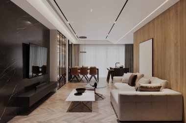 Minimalist Tasarımlı Modern Açık Konsept Oturma Odası ve Yemek Alanı