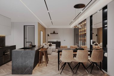 Mermer Mutfak Adalı Modern Açık Konsept Oturma ve Yemek Odası