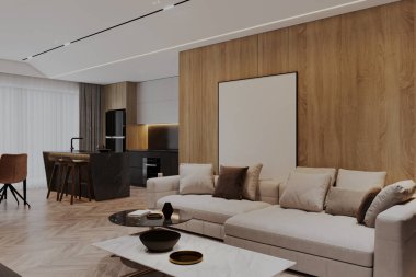 Tarafsız Tonlu Modern Açık Konsept Oturma Odası ve Mutfak