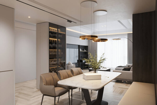 Elegant Dining Area with Marble Table, Modern Lighting, and Built-In Wine Cabinet