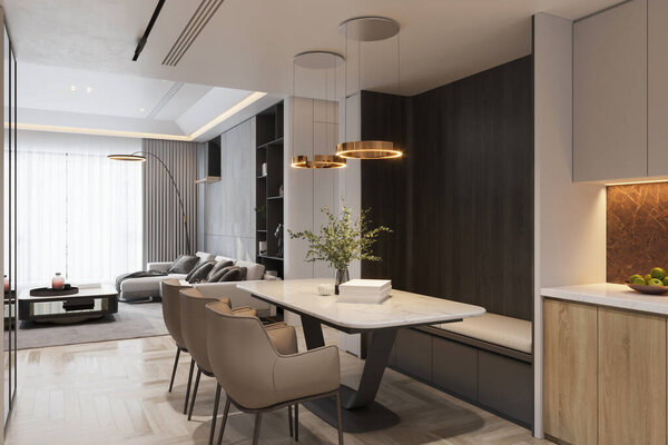 Modern Dining Area with Marble Table, Stylish Lighting, and Open-Plan Living Room