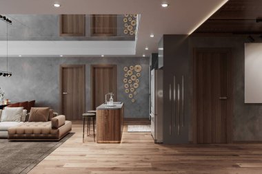 Çağdaş Açık Konsept Oturma Odası ve Mutfak İç Tasarımı