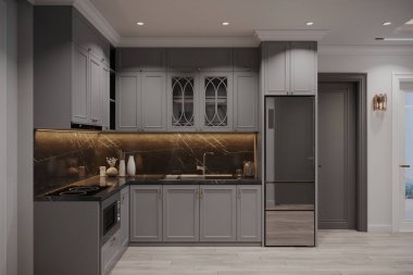 Marble Backsplash ve Modern Cihazları olan zarif gri mutfak.