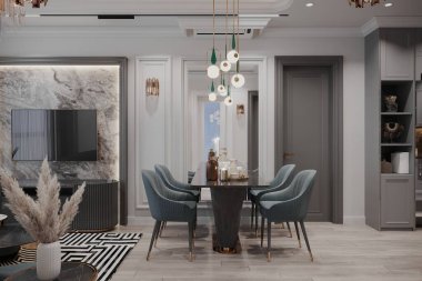 Mavi Sandalyeleri ve Mermer Aksanı olan Zarif Modern Yemek Odası