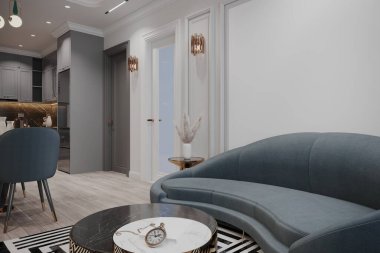 Curved Sofa, Modern Kahve Masası ve Zarif Altın Aksanlı Lüks Oturma Odası