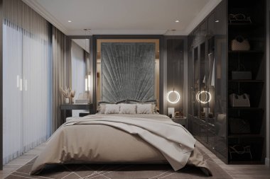 Lüks Modern Yatak Odası İçi Kadife Yatak Başlığı, Yumuşak Işıklandırma ve Zarif Tasarım
