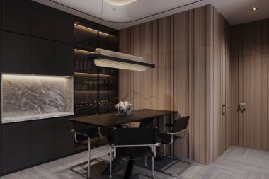 Minimalist Işıklandırma ve Şık Şarap Gösterisiyle Lüks Modern Yemek Odası