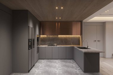 Lüks Modern Mutfak Marble Backsplash ve Parlak Kabine Tasarımı