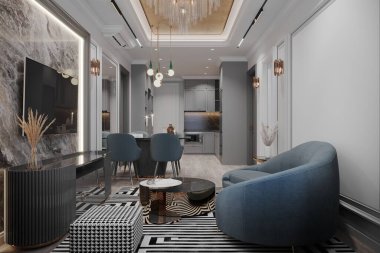 Lüks Modern Yaşam ve Yemek Odası Mavi Aksan Mobilya ve Mermer Dekorlu