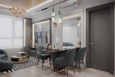 Lüks Dekor ve Çağdaş Işıklı Modern Yemek ve Oturma Odası