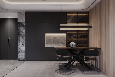 Mermer Aksanı ve Cam Kabinesi olan Modern Yemek Alanı