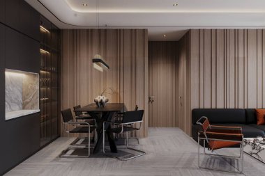 Parlak siyah mobilyaları ve ahşap aksanı olan Modern Yemek Odası