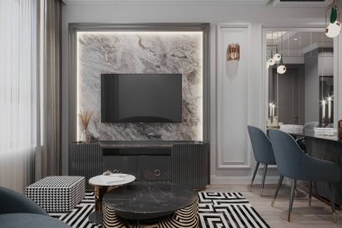 Mermer televizyon duvarı ve şık siyah mobilyası olan Modern Oturma Odası