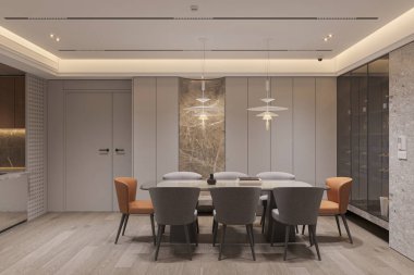 Minimalist Tasarım ve Kolye Işıklı Modern Lüks Yemek Odası